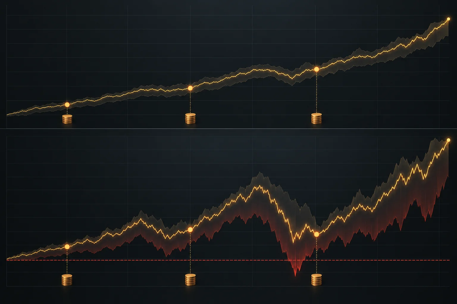 Comparación visual de DCA spot y DCA apalancado en Bitcoin